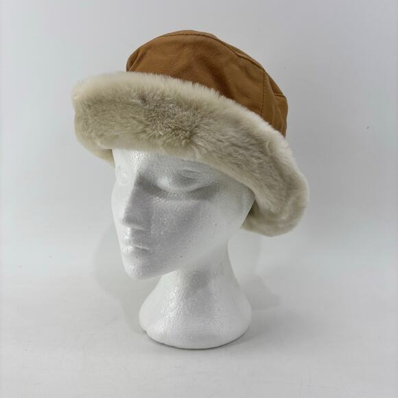 Wilsons Leather Bucket Hat Leather Sherpa Lined Tan 90s Size S/M